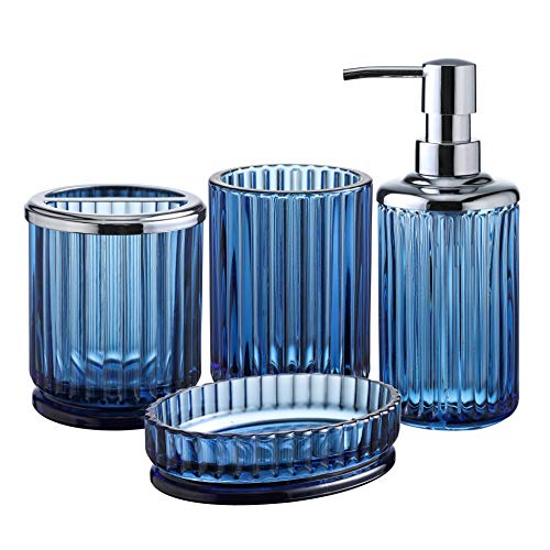 Badezimmer-Zubehör-Set aus schwerem blauem Glas mit dekorativem gepresstem Muster – inklusive Handseifenspender & Becher & Seifenschale & Zahnbürstenhalter (Kobaltblau) von KMwares