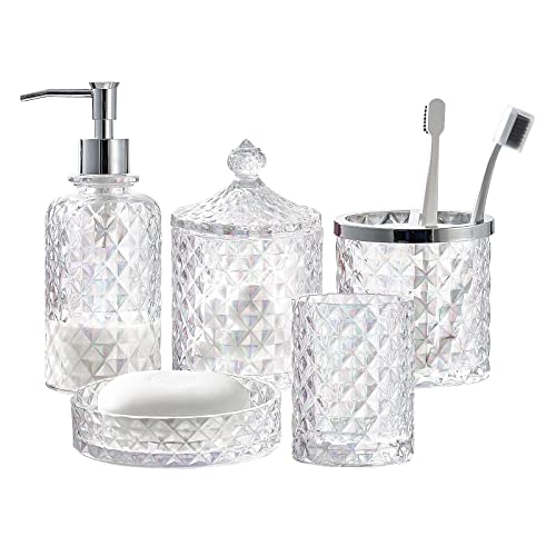Set mit 5 Glas-Badezimmer-Zubehör-Set bestehend aus Seifenspender, Becher und Seifenschale, Zahnbürstenhalter und Apothekerglas (luxuriös, funkelnd) von KMwares