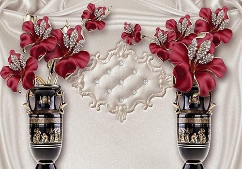 3D Vlies Fototapeten Wandtapeten 3d Rote Blumen Schwarze Vasen 1772 (400(B) x 280(H) cm) von KN-COLLECTION