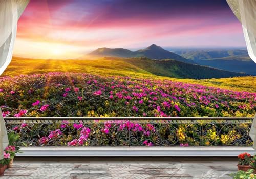 Vlies Fototapete Wandtapete Wandbilder 3D Balkon Berg Sonnenaufgang 1327 (150(B) x 105(H) cm) von KN-COLLECTION
