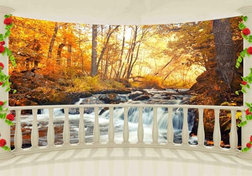 Vlies Fototapete Wandtapete Wandbilder 3D Balkon Fallen Waldbach Landschaft 1357 (400(B) x 200(H) cm) von KN-COLLECTION