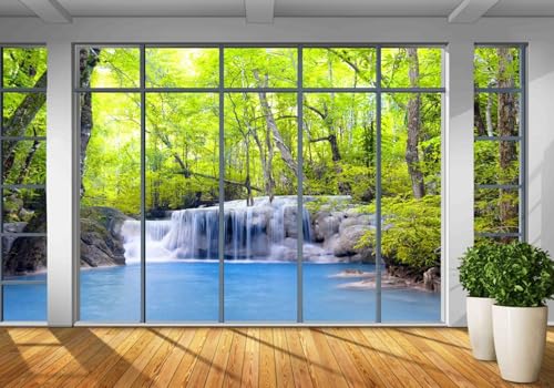 Vlies Fototapete Wandtapete Wandbilder 3D Fenster Holz Wald Wasserfall 1389 (400(B) x 200(H) cm) von KN-COLLECTION