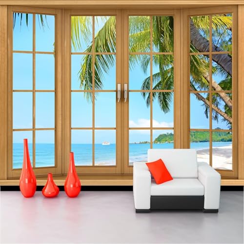 Vlies Fototapete Wandtapete Wandbilder 3D Französisch Fenster Sand Sea View 1526 (400(B) x 200(H) cm) von KN-COLLECTION