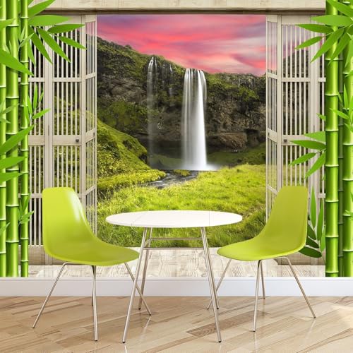 Vlies Fototapete Wandtapete Wandbilder 3D Französisch Fenster Wasserfal 1525 (400(B) x 300(H) cm) von KN-COLLECTION