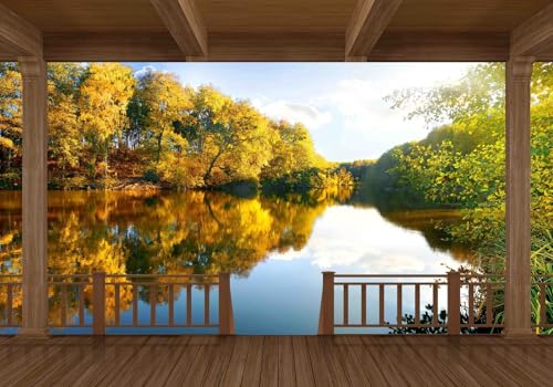 Vlies Fototapete Wandtapete Wandbilder 3D Holzbalkon Wald See 1341 (400(B) x 200(H) cm) von KN-COLLECTION