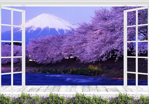 Vlies Fototapete Wandtapete Wandbilder 3D Mont Fuji Kirschblüten Fenster 1345 (400(B) x 280(H) cm) von KN-COLLECTION
