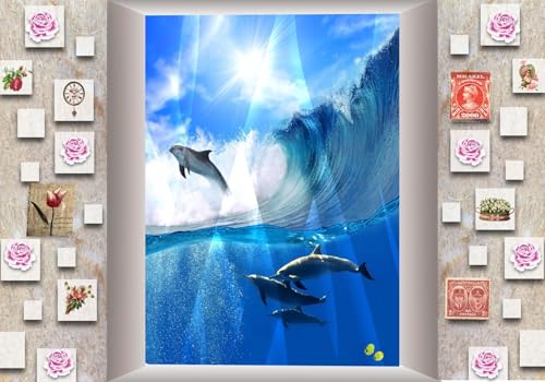 Vlies Fototapete Wandtapete Wandbilder Moderne 3D Wasser Delfin Stein 1754 (300(B) x 210(H) cm) von KN-COLLECTION