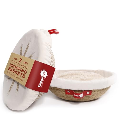 KneadAce Banneton Brotgärkorb-Set aus Baumwollseil, 2 x runder Brotkorb mit Einlagen und Abdeckungen für handwerkliches Brotbacken, Sauerteigbrot Backzubehör von KNEADACE