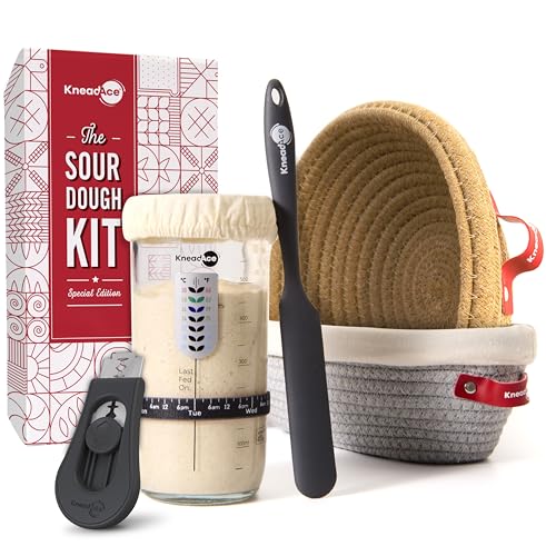 KneadAce Sauerteig-Starter-Kit - 680.4 g Starter Jar, 2 Baumwollseil Banneton Gärkörbe, Magnetbrot Lame zum Ritzen - Geschenk für Bäcker & komplettes Sauerteigbrot Backset KneadAce Sauerteig-Starter-Kit - 680.4 g Starter Jar, 2 Baumwollseil Banneton Gärkörbe, Magnetbrot Lame zum Ritzen - Geschenk für Bäcker & komplettes Sauerteigbrot Backset von KNEADACE