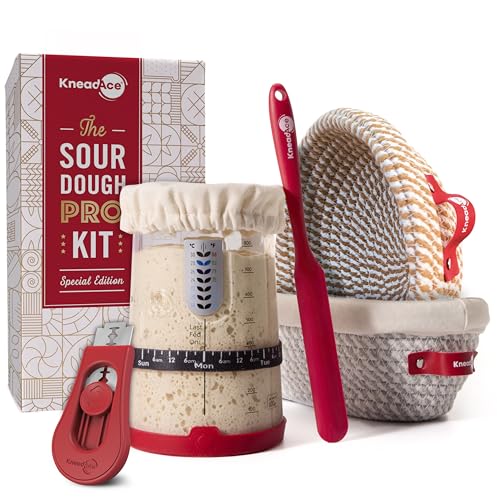 KneadAce Sauerteig Starter Kit - 963.9 g Starter Jar 2 Baumwollseil Banneton Gärkörbe Magnetisches Brot Lame zum Ritzen - Geschenk für Bäcker & Komplettes Sauerteigbrot Backset von KNEADACE