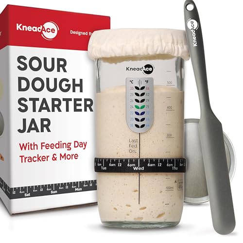 Kneadace Sauerteig-Starterglas mit Datum markiertem Fütterungsband, Thermometer, Sauerteig-Glasschaber, Sauerteig-Starter-Kit für Sauerteig-Brot, breite Öffnung für einfaches Füttern Kneadace Sauerteig-Starterglas mit Datum markiertem Fütterungsband, Thermometer, Sauerteig-Glasschaber, Sauerteig-Starter-Kit für Sauerteig-Brot, breite Öffnung für einfaches Füttern von KNEADACE