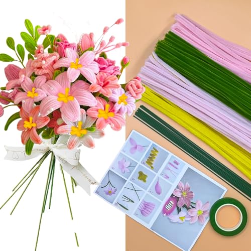 KNJOMZIE 340 Stück Pfeifenreiniger zum Basteln Blumen Set, Pfeifenreiniger Blumen Set in 4 Farben, Pfeifenputzer zum Basteln, Pipe Cleaner DIY Set für Erwachsene mit Anleitung & Chenilledraht von KNJOMZIE