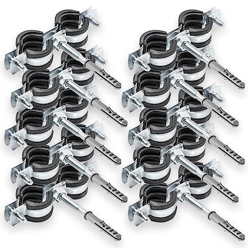10 x Doppel Rohrschelle + 10 x Dübel + 10 x Stockschraube – Set zur einfachen Rohrbefestigung | Für Sanitär- und Heizungsinstallationen - 1" 32-37mm von KNM TRADE