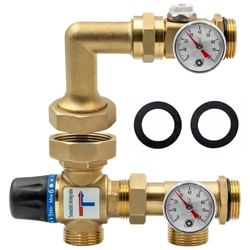 Festwertregelset für Fußbodenheizung 20–43 °C KVS 2,5 m³/h ohne Pumpe Thermostat-Mischventil mit 2 Thermometern und komplettem Anschluss-Set von KNM TRADE