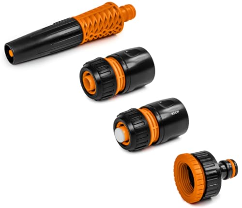 Bewässerungs-Set 4-teilig 1/2" – Gerade-Düse, Stop- & Standard-Kupplung 1/2" / 5/8", Hahnadapter 3/4″ / 1", werkzeugfreie Click-Montage für Gartenbewässerung & Reinigung | für Gartenschläuche von KNM TRADE