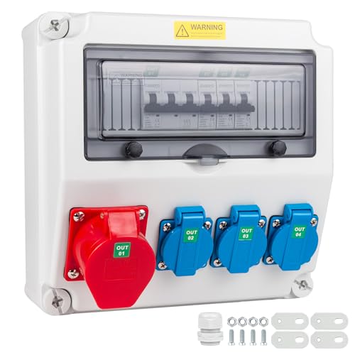 KNMlPJD Baustromverteiler mit 16A CEE Steckdose stromverteiler mit 16A Leitungsschutzschalter Wandverteiler starkstrom steckdose für den Innen- und Außenbereich(1×16A 3P LS+3×16A 1P LS) von KNMIPJD