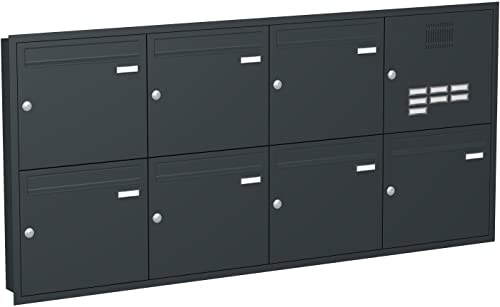 Briefkastenanlage Unterputz mit eckiger Verkleidung und Klingeln Modell U3 Farbe RAL 7016 anthrazitgrau, Größe mit 7 Briefkästen von KNOBLOCH