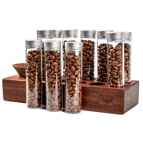 KNODOS Kaffeebohnen Röhrchen Set – Single Dose Coffee Bean Tubes, 10 Borosilikatglas Dosierröhrchen (60ml) mit Deckel, Holzständer & Holztrichter, Luftdicht für Espresso & Filterkaffee von KNODOS
