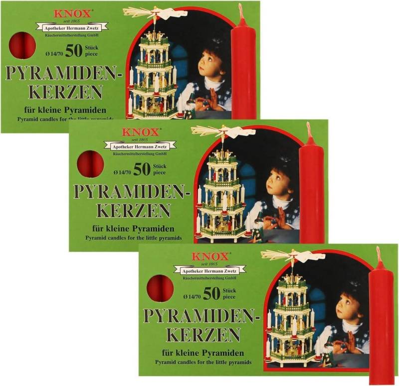 KNOX Adventskerze 3 Päckchen - Pyramidenkerzen Ø 14 mm Länge 74 mm - ROT - 50er Packung von KNOX
