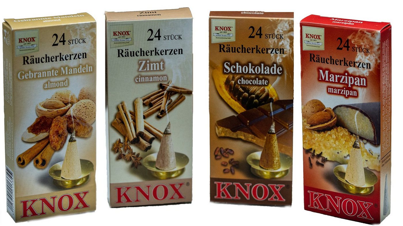 KNOX Duftkerze 4er Set: Bäckerei, Räucherkerzen Größe M - Inhalt jeweils 24 Stück - Made in Germany von KNOX