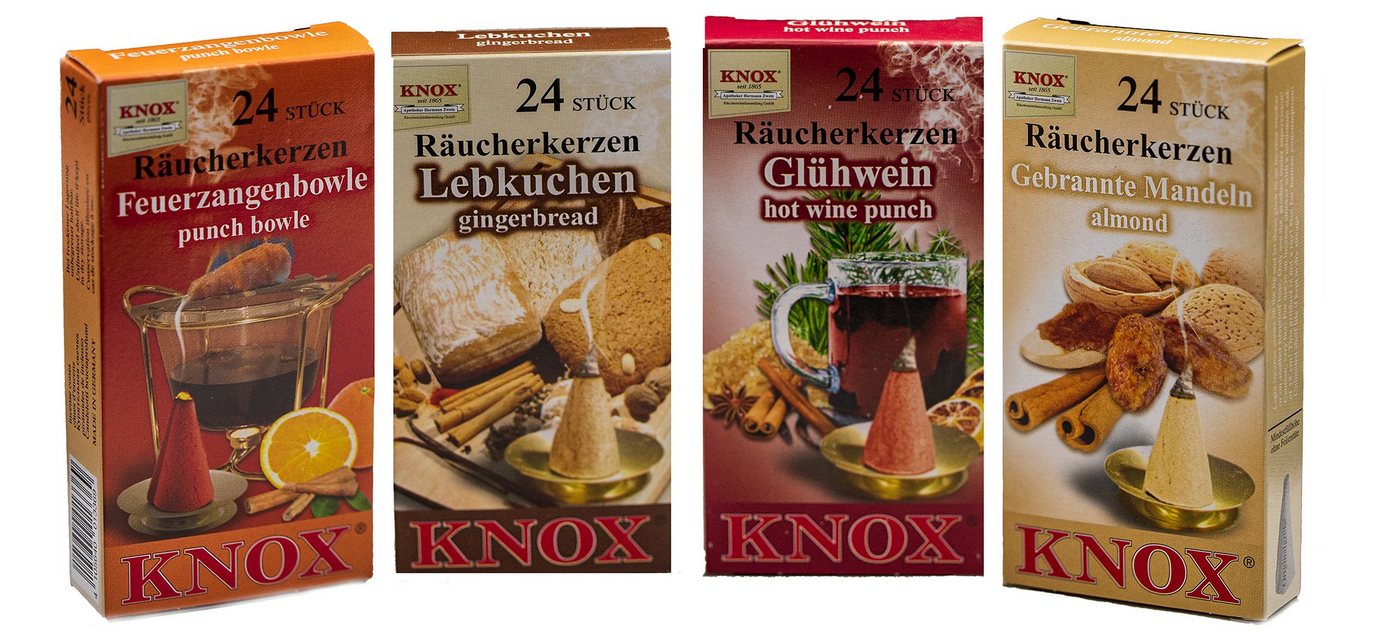 KNOX Duftkerze 4er Set Gebr. Mandel / Feuerzangenbowle / Glühwein / Lebkuchen, Räucherkerzen Größe M - Inhalt jeweils 24 Stück - Made in Germany von KNOX