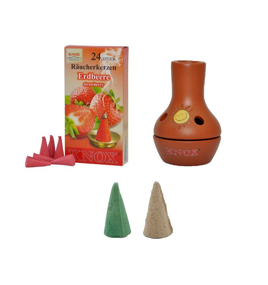 KNOX Duftkerze Feuertopf Bunt + Melone und Vanille (XXL) + Erdbeere (M), Räuchergefäß Topf im Set - perfekt für jede Gartenparty von KNOX