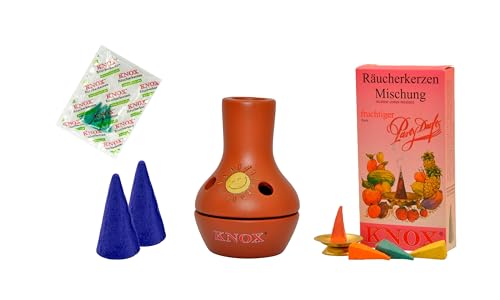 KNOX Feuertöpfchen Bunt - Größe: ca. 9 cm - Inklusive Räucherkerzen - Düfte: 2X Waldfrucht XXL & fruchtig M - mit 3 Räucherkerzen Proben von Meeresbriese von KNOX