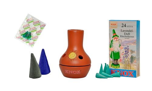 KNOX Feuertöpfchen Bunt - Größe: ca. 9 cm - Inklusive Räucherkerzen - Düfte: Cannabis XXL & Lavendel M & Waldfrucht XXL - mit 3 Räucherkerzen Proben von Meeresbriese von KNOX