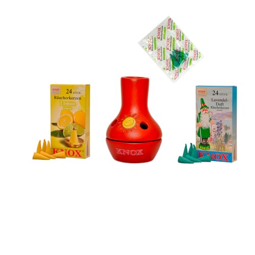 KNOX Feuertöpfchen Bunt - Größe: ca. 9 cm - Inklusive Räucherkerzen - Düfte: Lemon M & Lavendel M - mit 3 Räucherkerzen Proben von Meeresbriese von KNOX