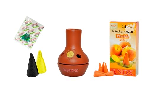 KNOX Feuertöpfchen Bunt - Größe: ca. 9 cm - Inklusive Räucherkerzen - Düfte: Opium XXL & Pfirsich M & Lemon XXL - mit 3 Räucherkerzen Proben von Meeresbriese von KNOX