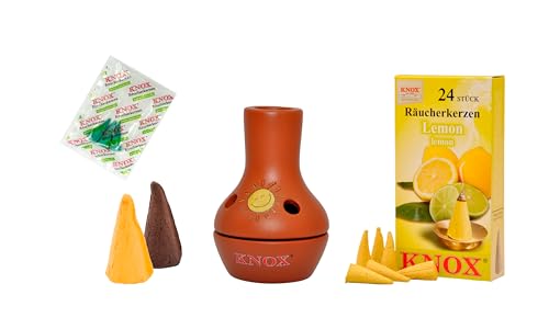 KNOX Feuertöpfchen Bunt - Größe: ca. 9 cm - Inklusive Räucherkerzen - Düfte: Schokolade XXL & Lemon M & Orange XXL - mit 3 Räucherkerzen Proben von Meeresbriese von KNOX