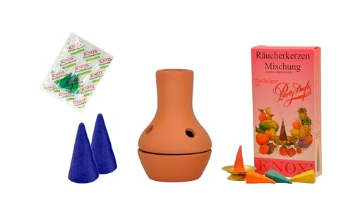KNOX Feuertöpfchen Natur - Größe: ca. 9 cm - Inklusive Räucherkerzen - Düfte: 2X Waldfrucht XXL & fruchtig M - mit 3 Räucherkerzen Proben von Meeresbriese von KNOX