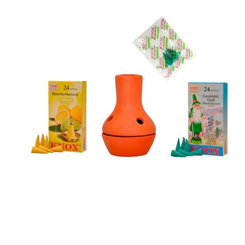 KNOX Feuertöpfchen Natur - Größe: ca. 9 cm - Inklusive Räucherkerzen - Düfte: Lemon M & Lavendel M - mit 3 Räucherkerzen Proben von Meeresbriese von KNOX