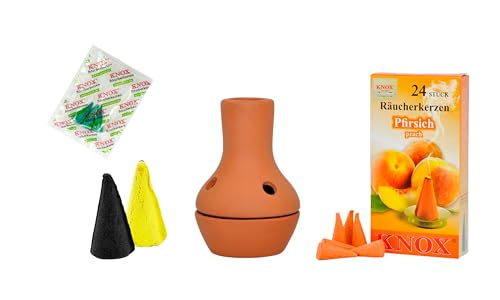 KNOX Feuertöpfchen Natur - Größe: ca. 9 cm - Inklusive Räucherkerzen - Düfte: Opium XXL & Pfirsich M & Lemon XXL - mit 3 Räucherkerzen Proben von Meeresbriese von KNOX