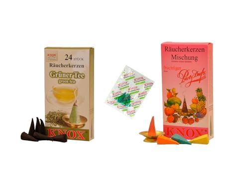KNOX Räucherkerzen - 2er Set Früchte Tee - Düfte: Grüner Tee, Fruchtig - Menge: 48 inklusive 3 Räucherkerzen als Proben vom Duft Meeresbriese - Made in Germany von KNOX