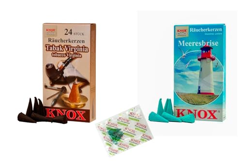 KNOX Räucherkerzen - 2er Set Reise nach Südamerika - Düfte: Tabak Virginia, Meeresbrise - Menge: 48 inklusive 3 Räucherkerzen als Proben vom Duft Meeresbriese - Made in Germany von KNOX