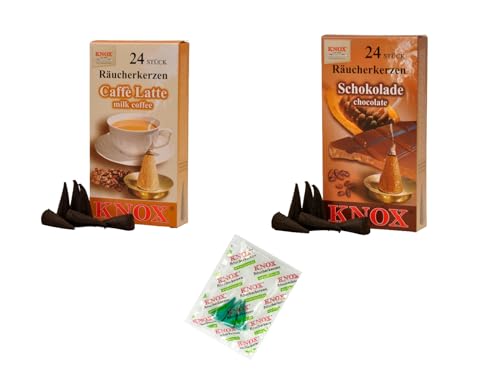 KNOX Räucherkerzen - 2er Set Schokoladen Kaffee - Düfte: Caffe Latte, Schokolade - Menge: 48 inklusive 3 Räucherkerzen als Proben vom Duft Meeresbriese - Made in Germany von KNOX