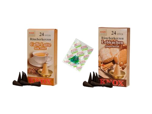 KNOX Räucherkerzen - 2er Set Weihnachtskaffee - Düfte: Caffe Latte, Lebkuchen - Menge: 48 inklusive 3 Räucherkerzen als Proben vom Duft Meeresbriese - Made in Germany von KNOX