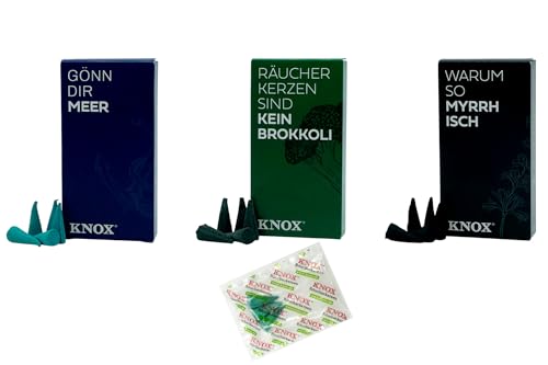 KNOX Räucherkerzen - 3er Set Young KNOX Komplett Set - Düfte: Meer + Myrrhe + Cannabis - Menge: 72 Inclusive 3 Räucherkerzen als Proben vom Duft Meeresbriese - Made in Germany von KNOX