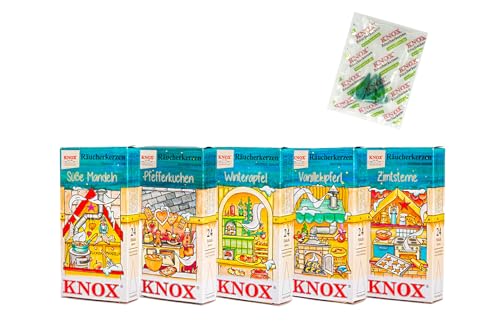 KNOX Weihnachtbäckerei Räucherkerzen - 5er Set - Düfte: Zimtsterne, Vanillekipferl, Winterapfel, Pfefferkuchen & Süße Mandeln - Menge: 120 Stück Inklusive 3 Räucherkerzen Meeresbriese Made in Germany von KNOX