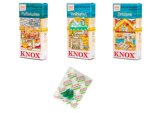 KNOX Weihnachtbäckerei Räucherkerzen Plätzchen 3er Set - Düfte: Zimtsterne, Vanillekipfel & Pfefferkuchen - Menge: 72 Stück Inklusive 3 Räucherkerzen M Meeresbriese als Probe - Made in Germany von KNOX