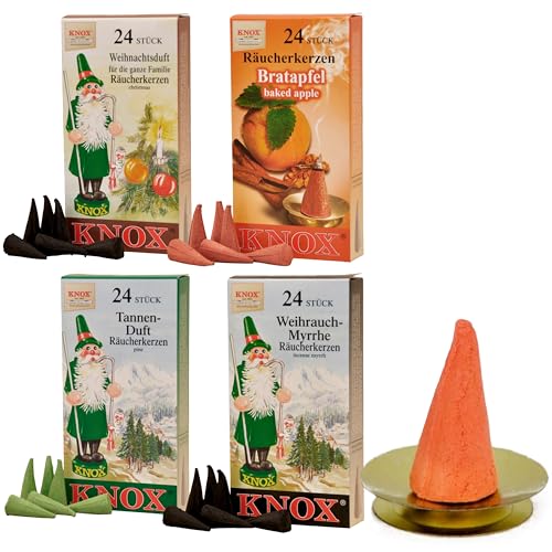 Knox Räucherkerzen Set – 4 Duftsorten (Tannenduft, Weihrauch-Myrrhe, Weihnachtsduft & Bratapfel) inkl. Kerzenhalter – Traditionelle Räucherkegel Made in Germany von KNOX
