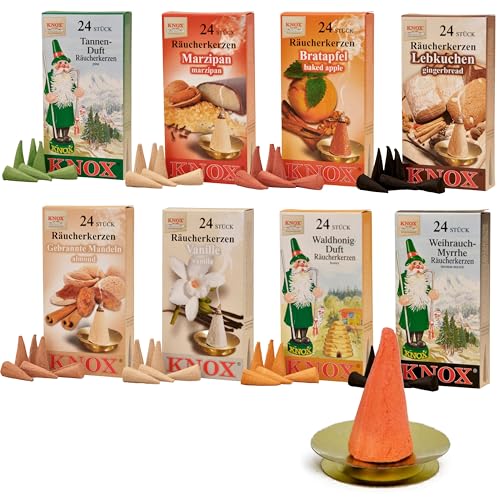 Knox Räucherkerzen Set – 8 Duftsorten (Tannenduft, Weihrauch-Myrrhe, Lebkuchen, Vanille, Waldhonig, Bratapfel, Marzipan & Gebrannte Mandeln) inkl. Kerzenhalter – Räucherkegel Made in Germany von KNOX