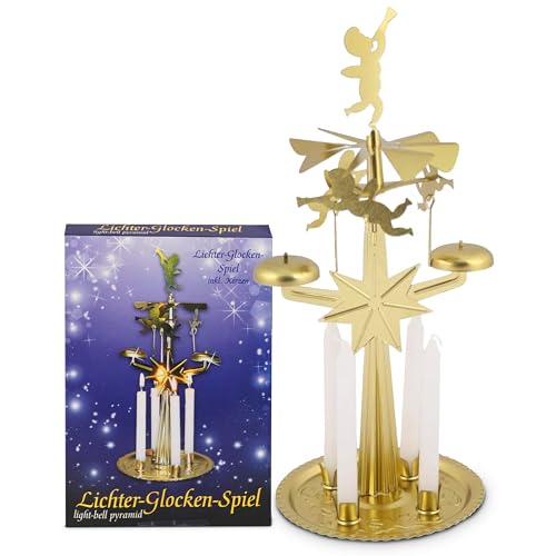 Knox Vintage Deko Lichter-Glockenspiel - Kerzenständer aus Metall, Gold – Weihnachtliche Dekoration mit 4 Kerzen - Höhe 25 cm - Nostalgische Wohnzimmer- und Tischdeko für Advent und Weihnachten von KNOX