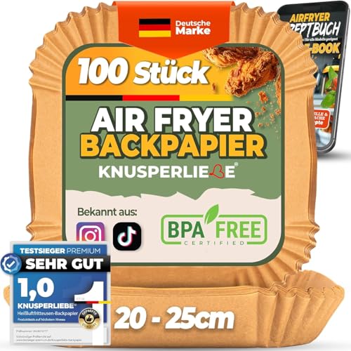 KNUSPERLIEBE® Backpapier für Heißluftfritteuse XXL 20-25cm 5-7,3 L, 100 Stück Airfryer Liner, Ölbeständig Antihaft Einwegschalen Pergamentpapier Für: Philips,COSORI von KNUSPERLIEBE