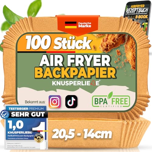 KNUSPERLIEBE® Backpapier für Heißluftfritteuse mit Doppelkammer,100 Stück 20,5-14cm Rechteckig, Airfryer Papier Liners kompatibel mit Ninja Dual/Double Stack, und Anderen Dual Zone Air Fryer von KNUSPERLIEBE