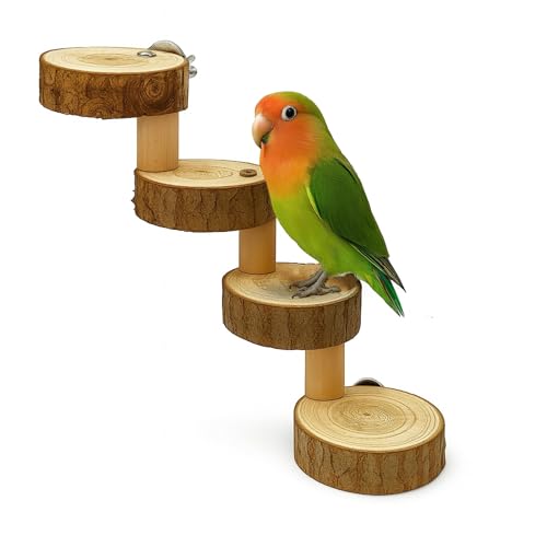 Vogelsitzstange aus Naturholz, mehrstufiger Ständer für Vogelkäfig, Holzplattform für Sittiche und kleine Vögel (Leiterstufen rund) von KNUTI