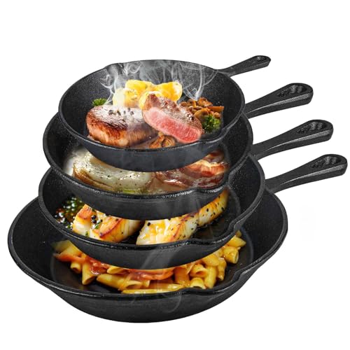 KOAVAE 4er-Set Gusseisenpfannen (14+16+20+26CM), Gleichmäßige Wärmeübertragung, Gusseisenpfanne für alle Herdarten, Voreingebrannte Gusseisen Pfannen, leicht zu reinigen von KOAVAE