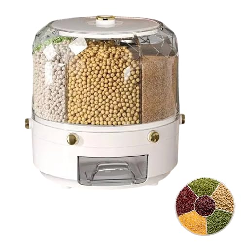 KOAVAE 9KG 360°Drehbarer Runder Reisspender Küche, Drehbarer Müslispender aus PP, Reisbehälter mit 6 Gitter, küchenorganizer für Getreide, mehl aufbewahrung, luftdichte aufbewahrungsbox (Weiß) von KOAVAE