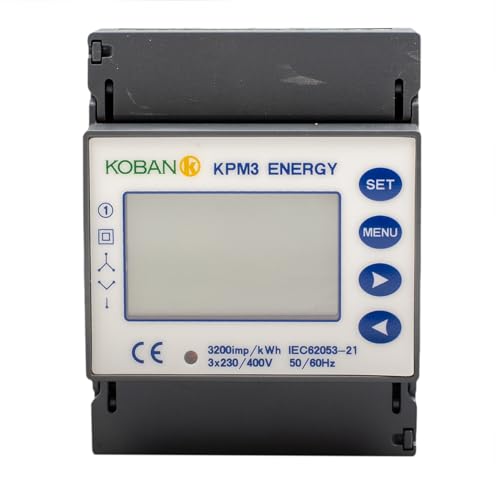 KOBAN KPM3 Energy Smart Dreiphasen-Stromverbrauchszähler mit LCD-Display, elektrischer Spannungszähler, Strom und Leistung. Digitales Energiemessgerät mit DIN-Schienen- oder Oberflächenmontage. von KOBAN